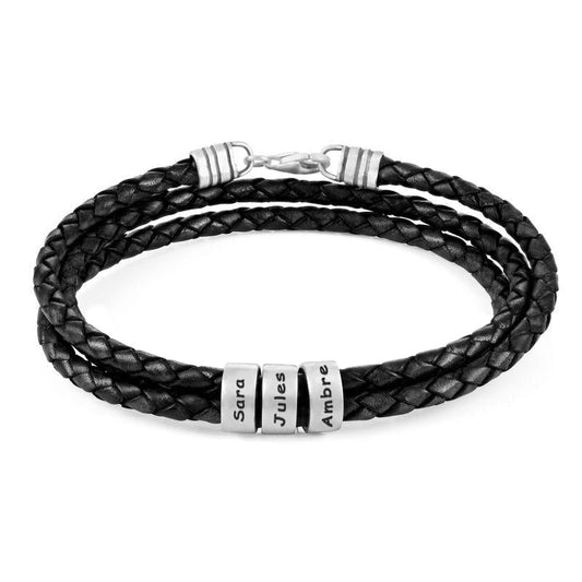 Pulsera de Hombre en Cuero Negro – Personalizable con Acabados en Plateado o Oro 